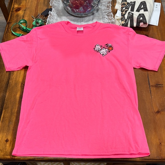Halloween Embroidery Pink Graphic T-Shirt - Picture 1 of 3